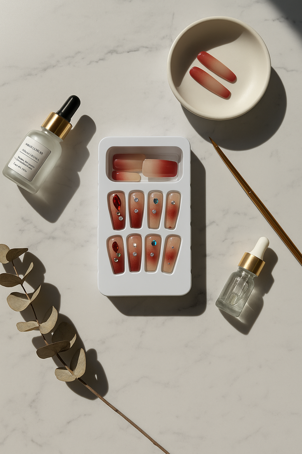 Red Gradient Rhinestone Press-On Nails | Glam Reusable Nail Set