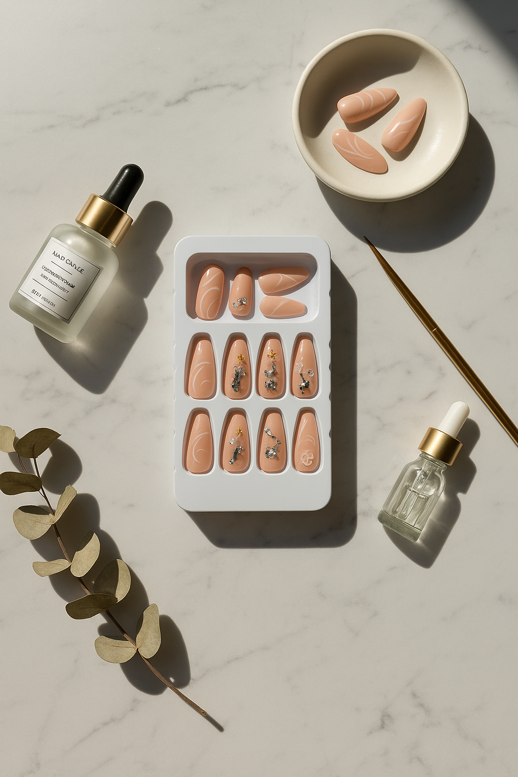 Peach Pink Press-On Nails with Charms & Rhinestones | Cute Reusable Nail Set