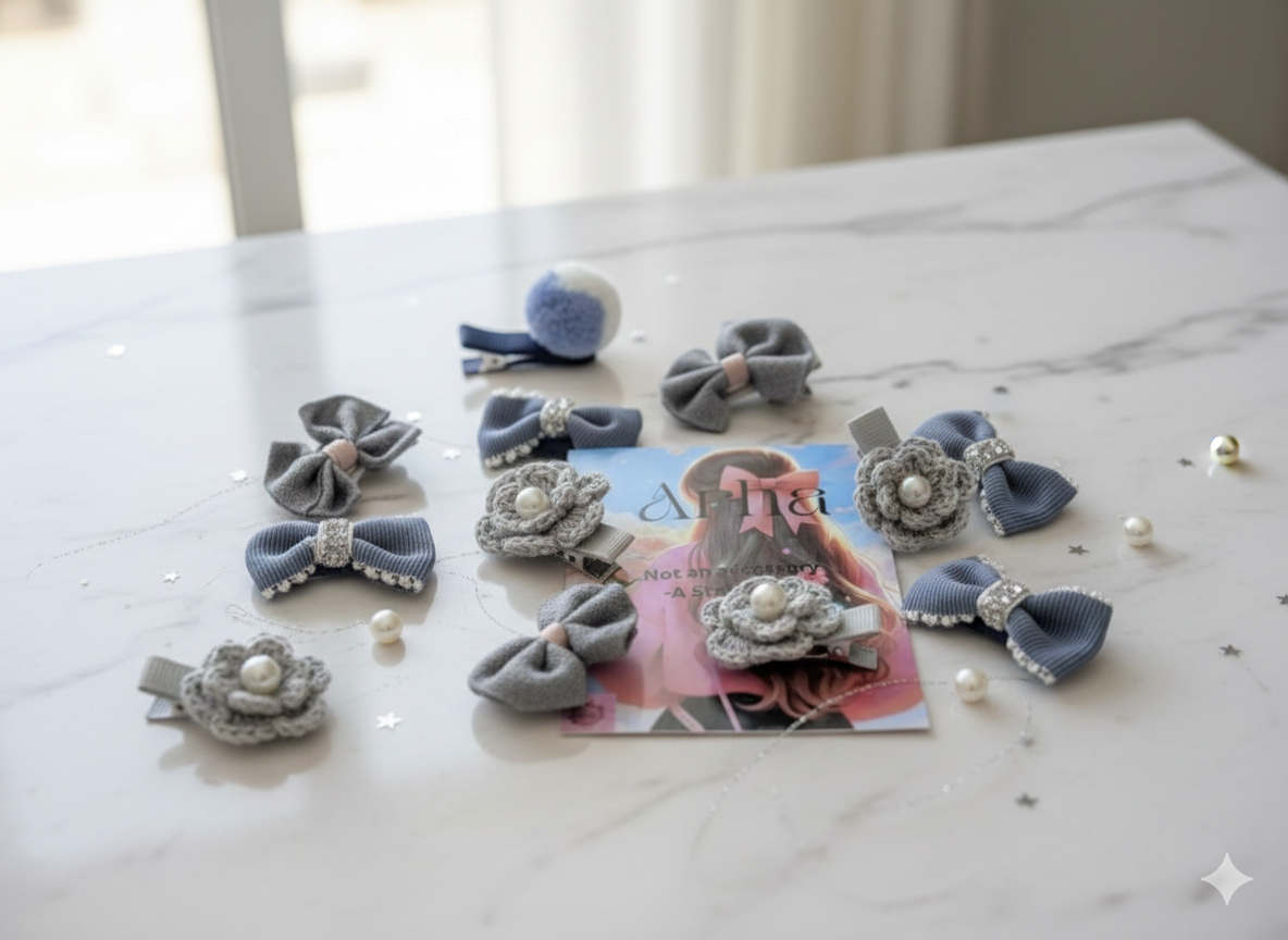 A professional flatlay of handmade hair accessories including blue ribbed bows with glitter centers, grey crochet flower clips with pearl centers, and soft fabric bows arranged on a white marble surface with decorative pearls.