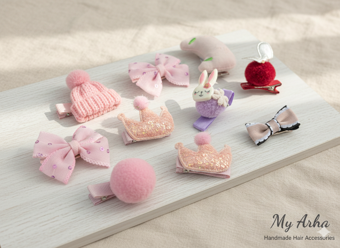 Collection of handmade hair accessories on a light wooden surface with 'My Arha' branding.
