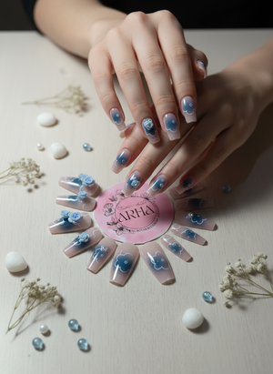 Nail art display with 'ARHA' brand on a neutral background