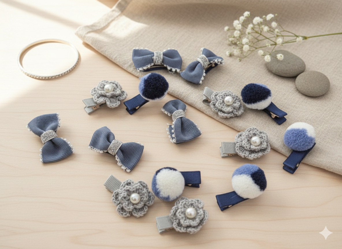Collection of decorative hair clips on a neutral background