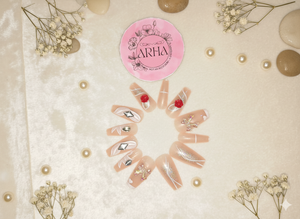 Set of decorative hair ties arranged in a circular pattern on a light background with 'ARHA' branding.