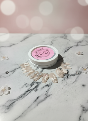 Elegant Nude & White Swirl Press-On Nails with 3D Lavender Flowers, Bows & Bling