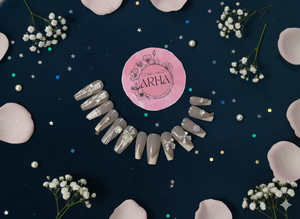 Elegant Nude & White Swirl Press-On Nails with 3D Lavender Flowers, Bows & Bling