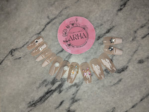 Elegant Nude & White Swirl Press-On Nails with 3D Lavender Flowers, Bows & Bling