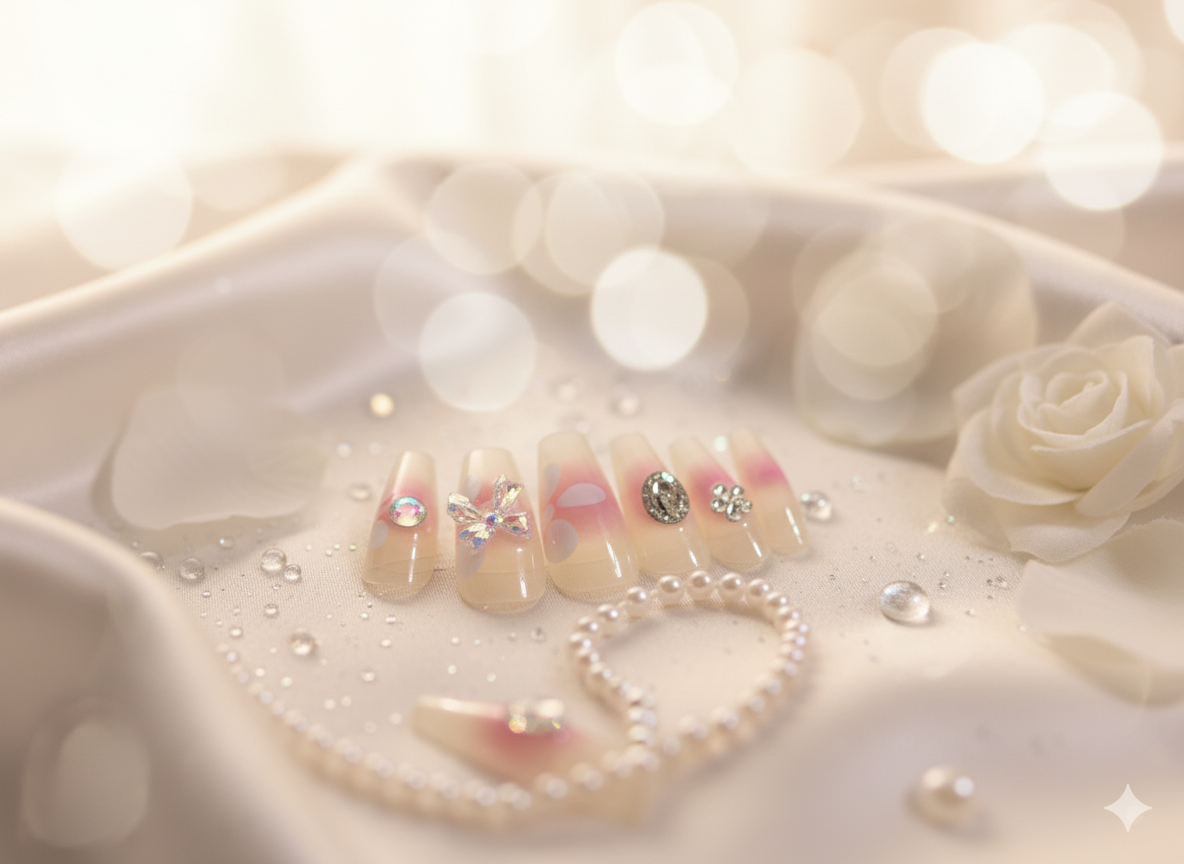 Dazzling Pink & White Rhinestone Nails | Beautiful & Aesthetic Press-Ons