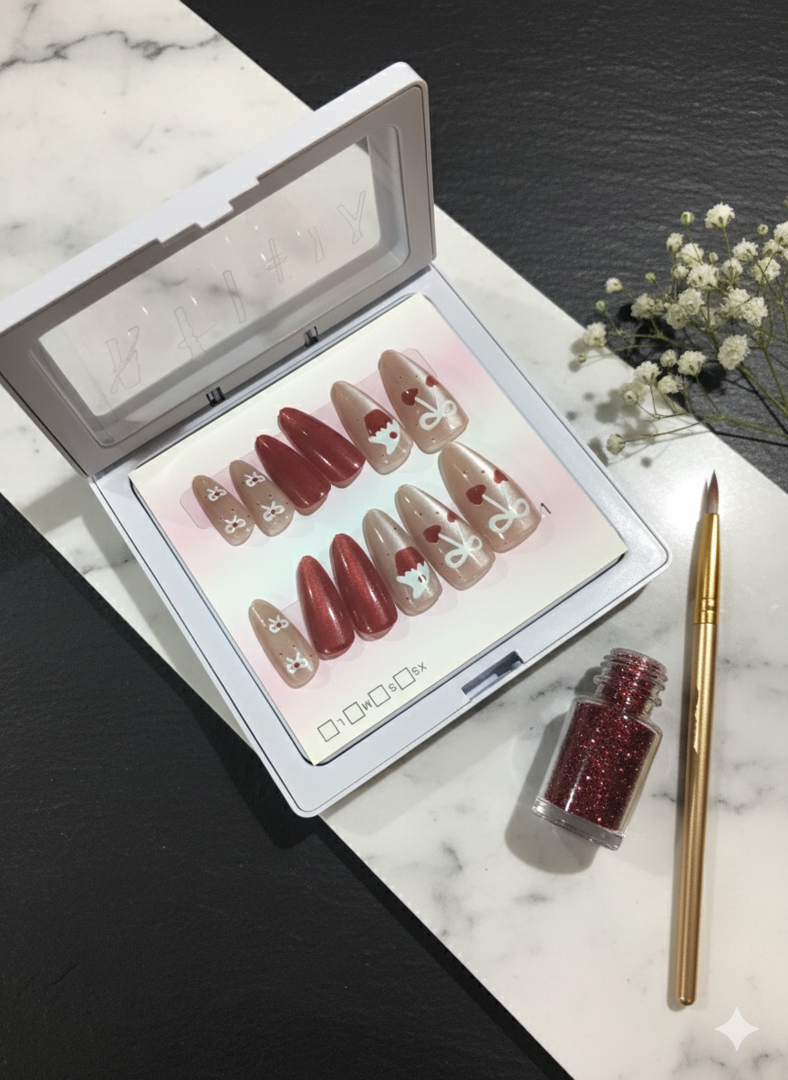 Sweetheart Bow Cat Eye Fake Nails by My Arha | Festive Red