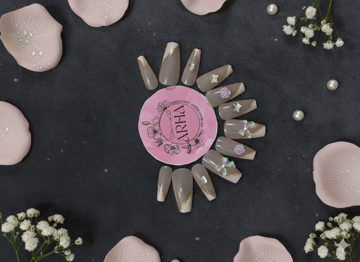 Elegant Nude & Gold Glitter Swirl Press-On Nails - 3D Flowers, Stars & Bows