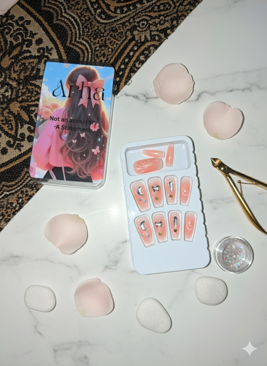 Peach Pink Press-On Nails with Charms & Rhinestones | Cute Reusable Nail Set