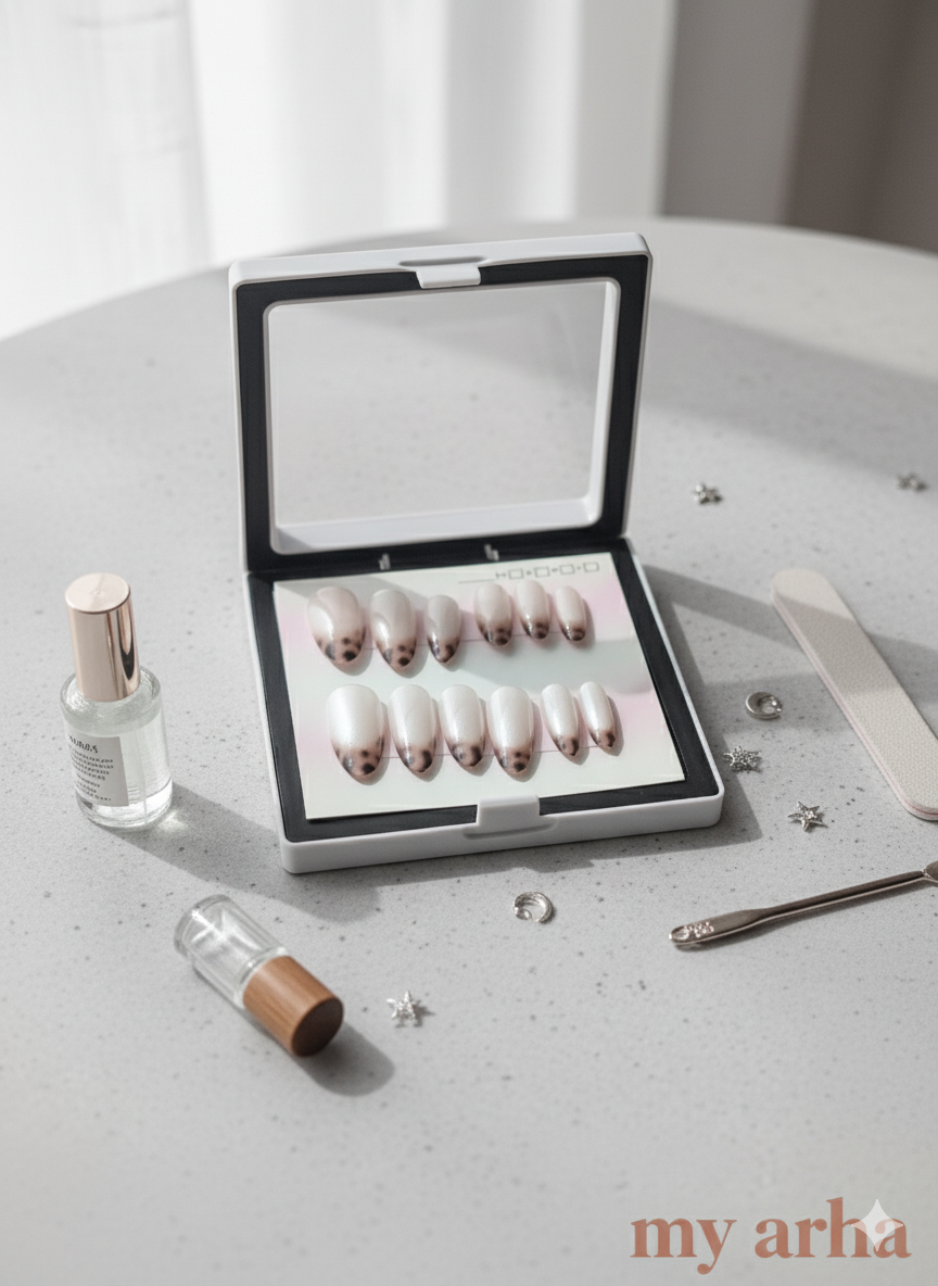 Boba" Cat-Eye Press-On Nails | Aesthetic Spotted Tip Design