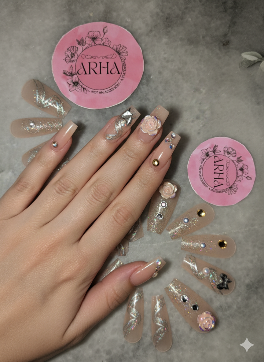 Peach Pink Charm Press-On Nails | Moon, Bow & Rhinestone Reusable Nail Set
