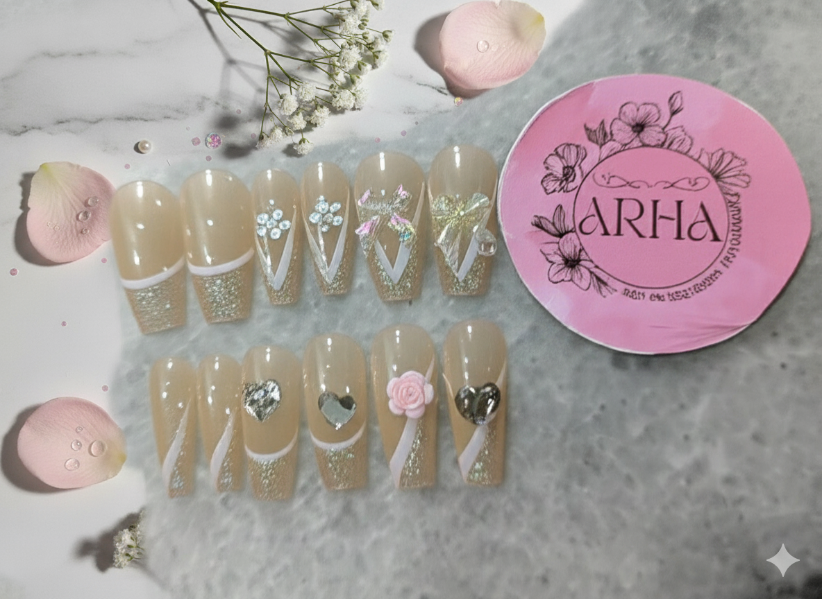 Elegant Nude & Silver Glitter French Tip Press-On Nails - 3D Hearts, Bows & Flowers