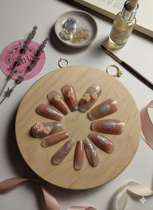 Glam Nude & Glitter Press-On Nails with 3D Floral Accents - Long Coffin Style