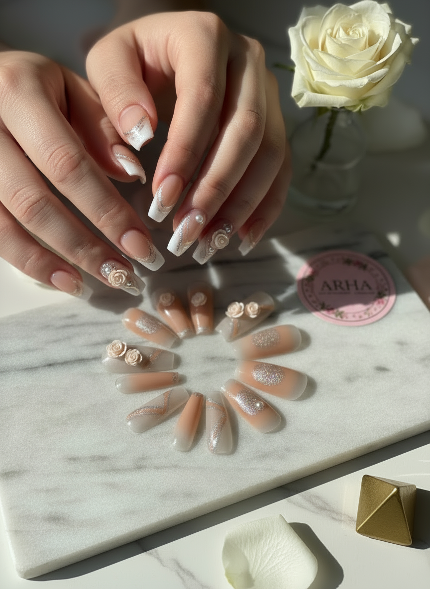 Glam Nude & Glitter Press-On Nails with 3D Floral Accents - Long Coffin Style