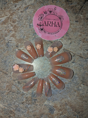 Glam Nude & Glitter Press-On Nails with 3D Floral Accents - Long Coffin Style