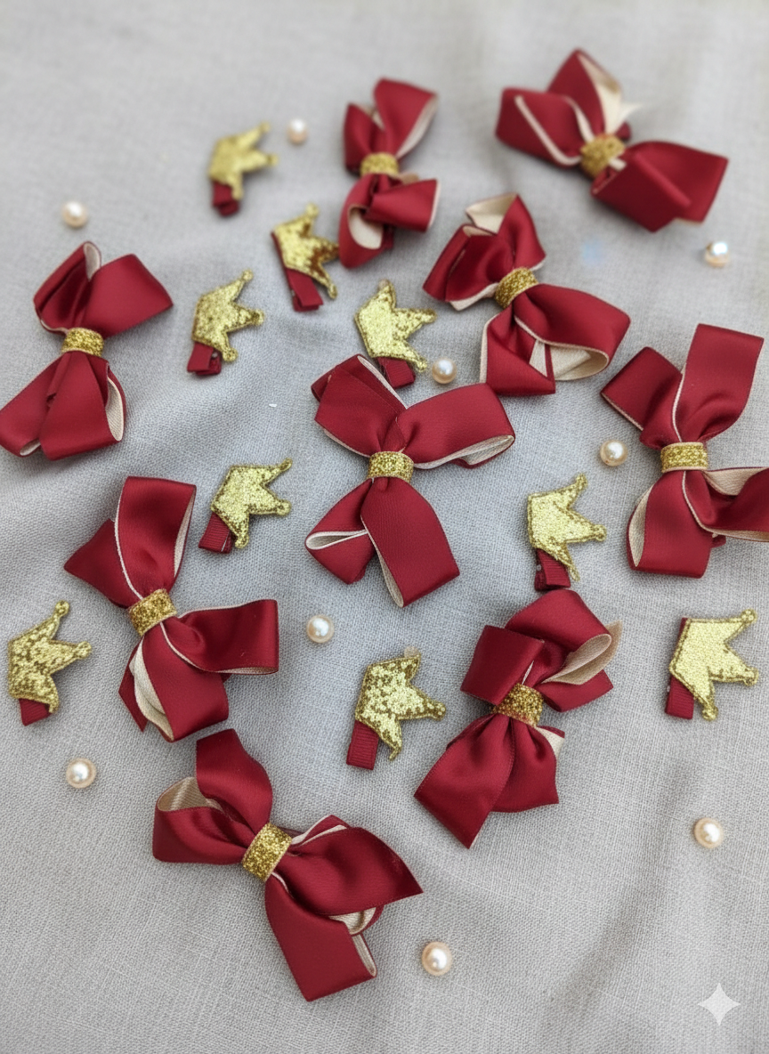 Red satin bows with gold accents and pearl decorations on a gray background