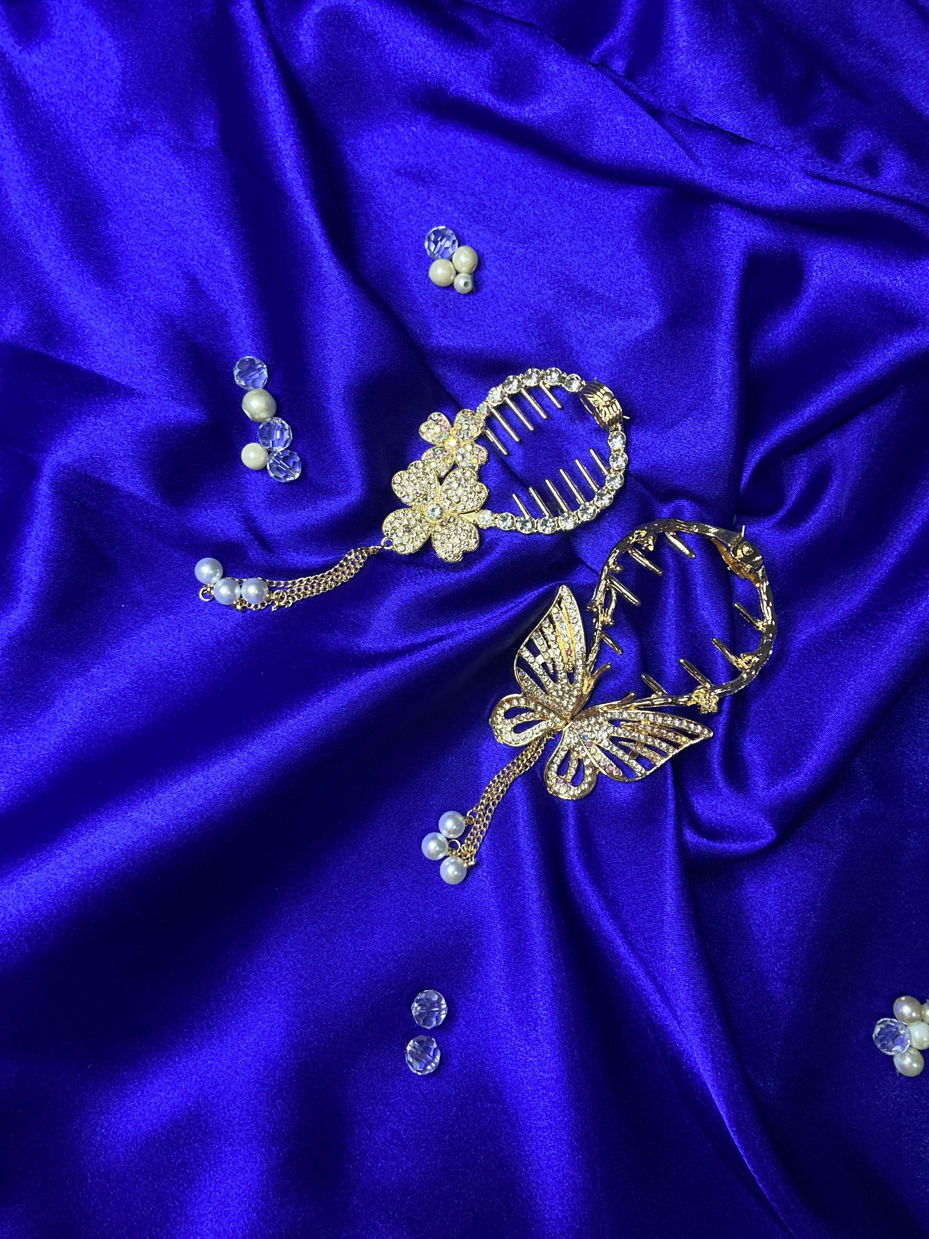 Luxury Rhinestone Hair Combs – Floral & Butterfly Design with Pearls and Chains