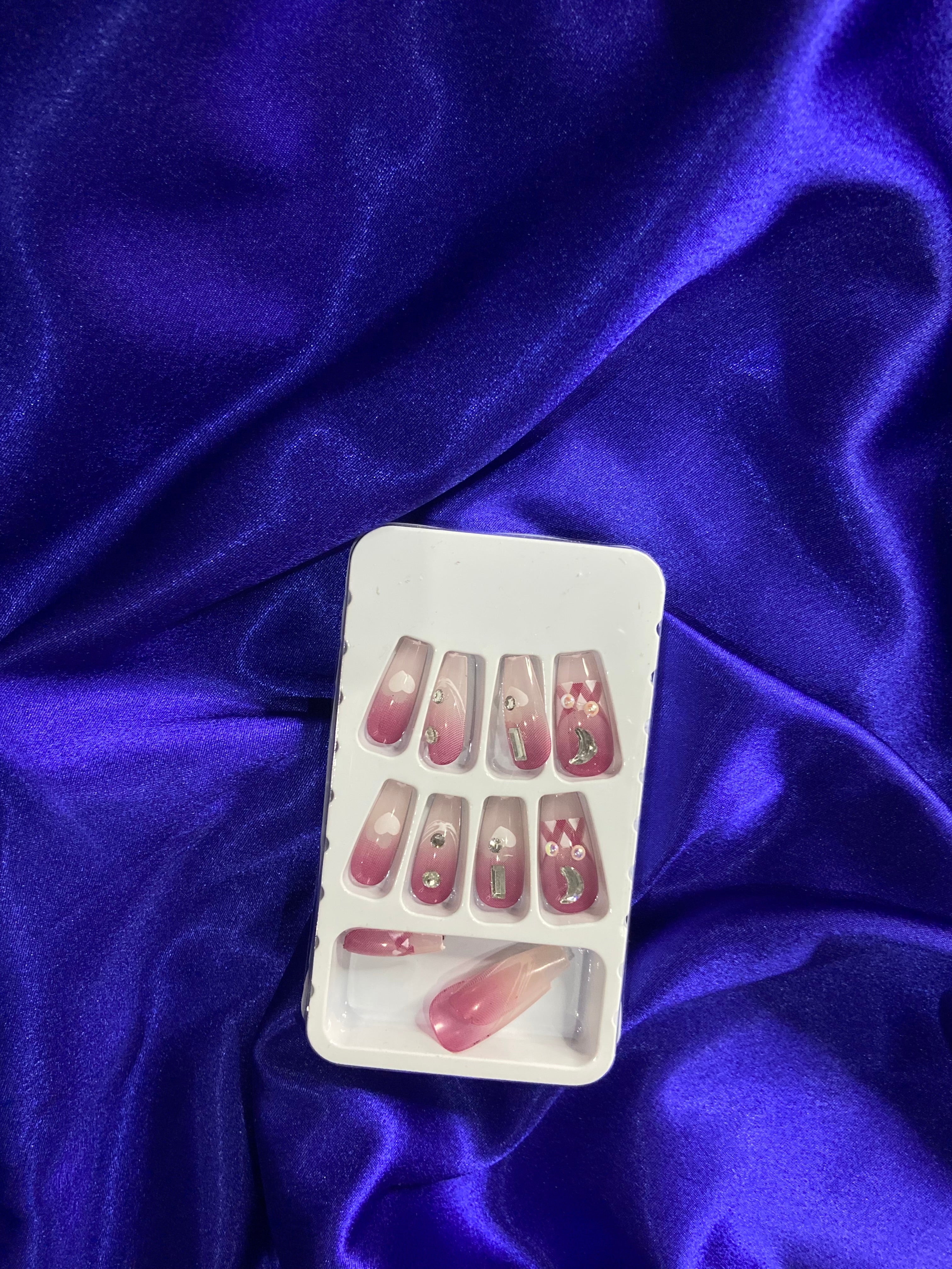 Pink Gradient Press-On Nails with Rhinestones & Moon Charms | Reusable Nail Set