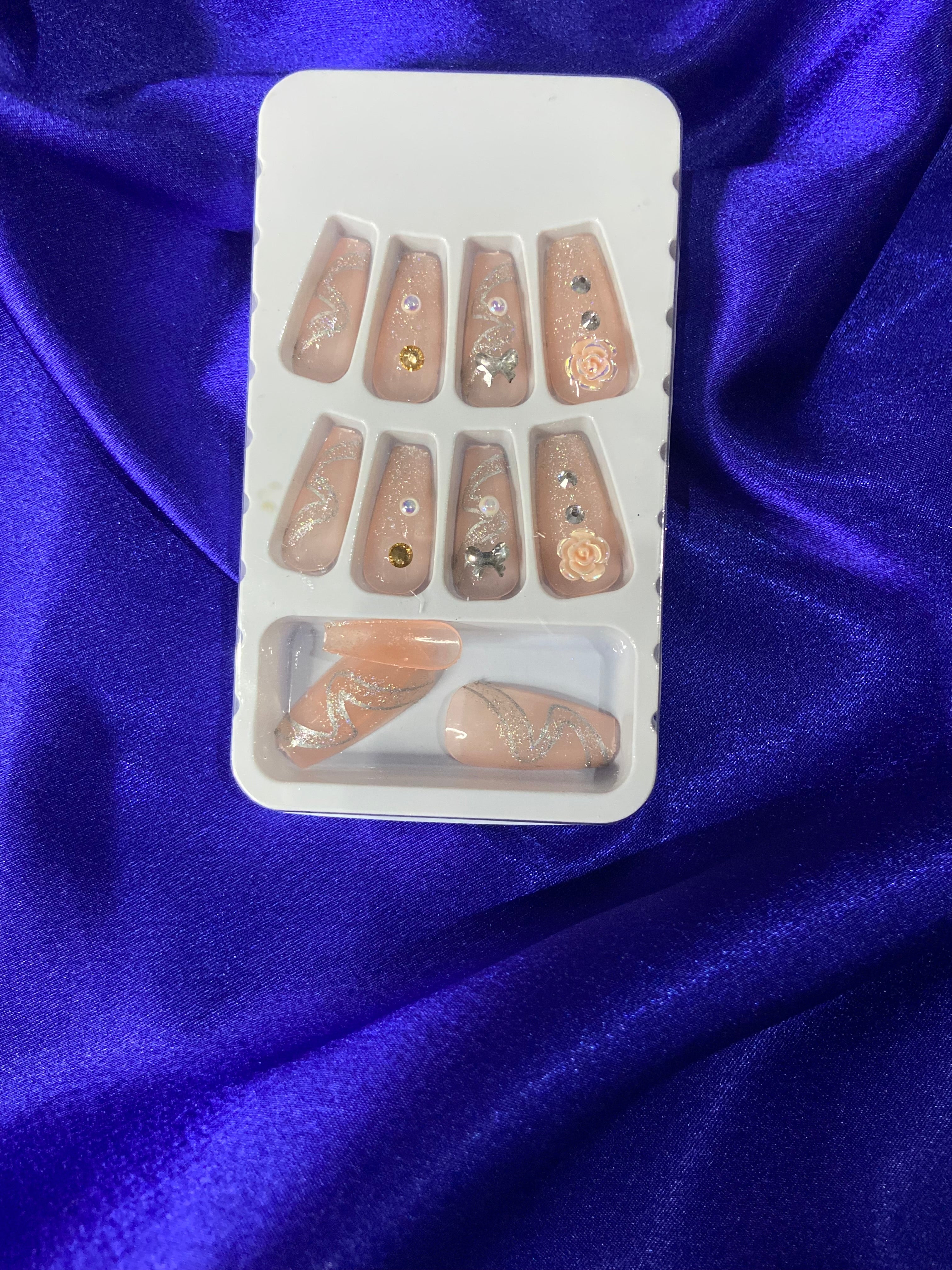Nude Glitter Rhinestone & 3D Floral Press-On Nails | Luxury Reusable Set
