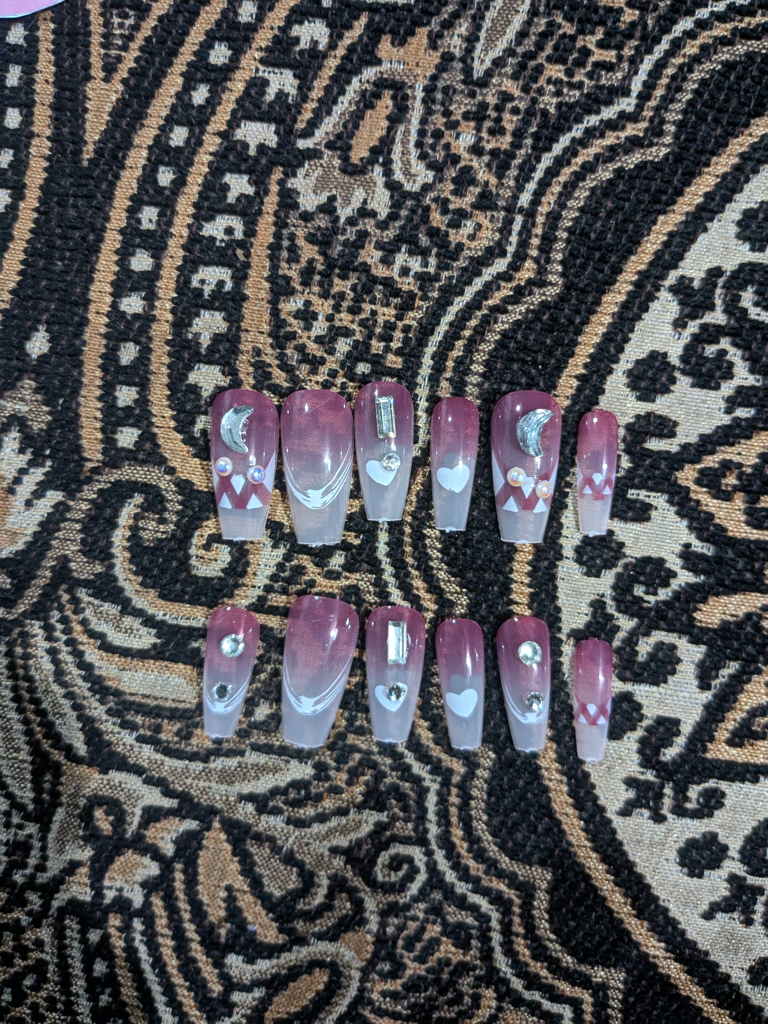 Pink Gradient Press-On Nails with Rhinestones & Moon Charms | Reusable Nail Set