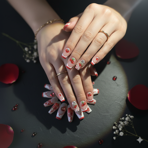 Close-up of hands with strawberry-themed nail art on a dark surface with red petals.