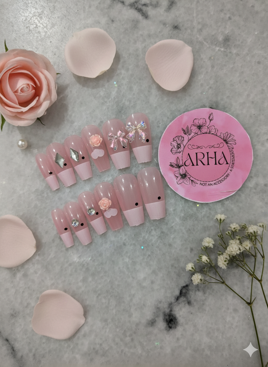 Sweet Pink French Tip Press-On Nails with Bows & Flowers - Elegant & Glamorous