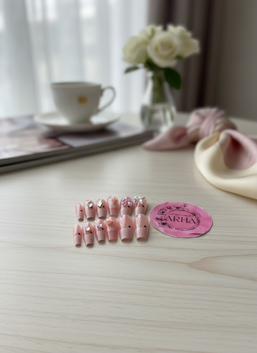 Sweet Pink French Tip Press-On Nails with Bows & Flowers - Elegant & Glamorous