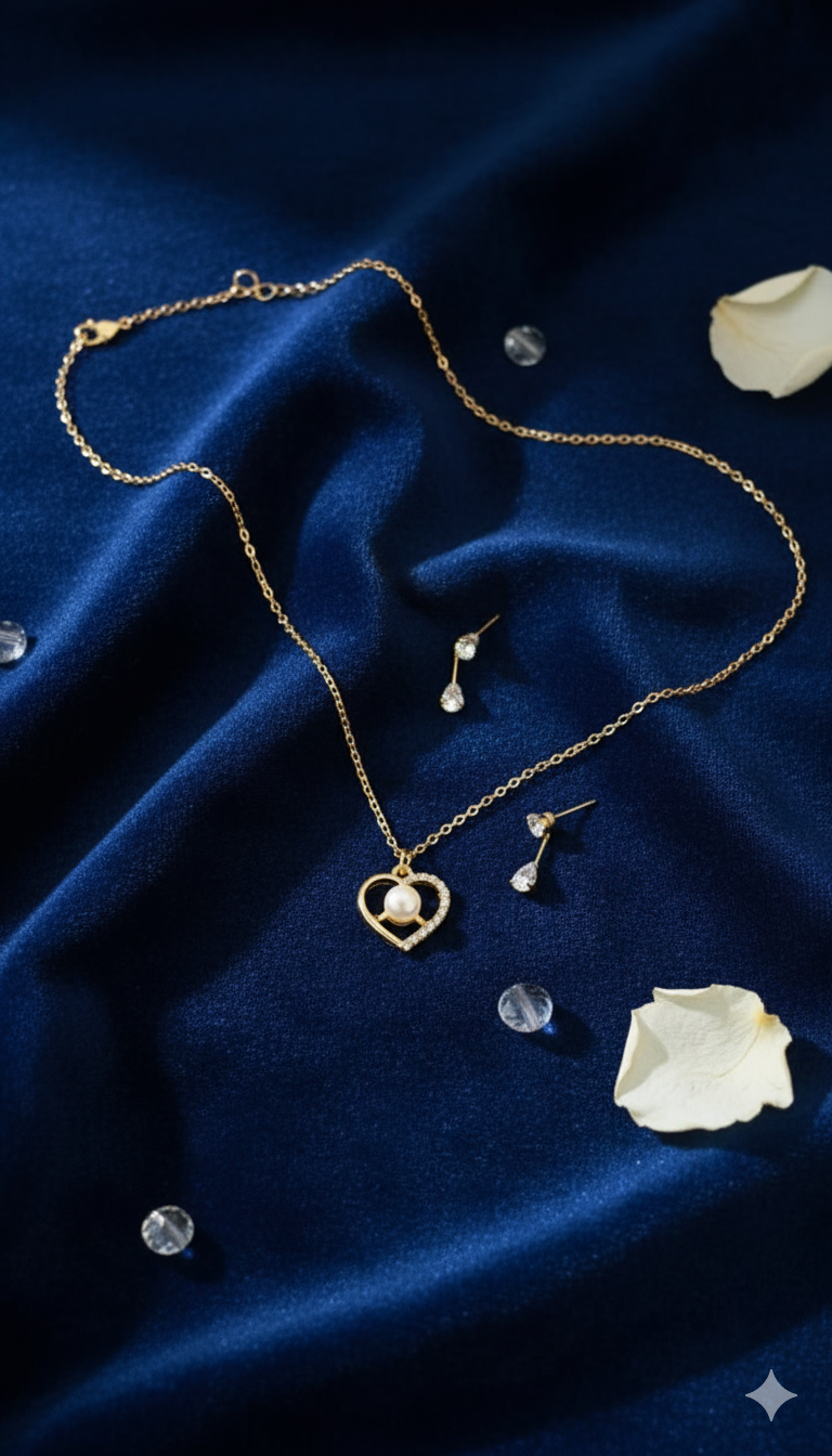 Gold necklace with heart pendant and earrings on a blue fabric background