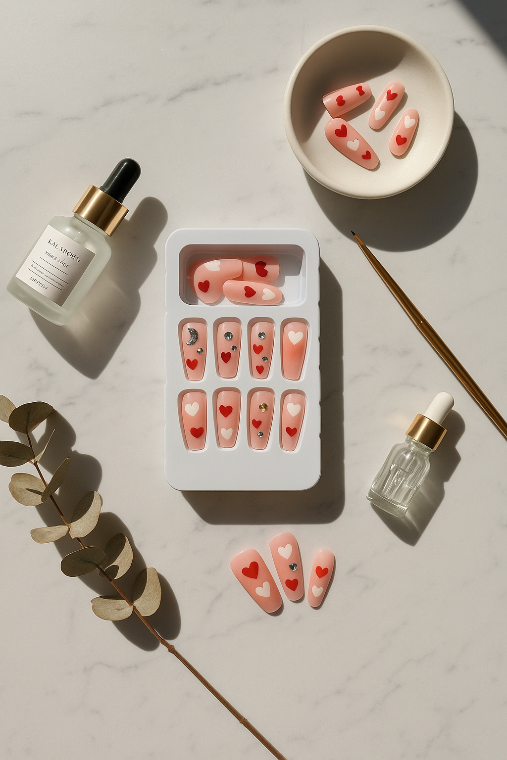 Romantic Heart Press-On Nails | Pink Base with Rhinestones & Charms | Reusable Nail Set