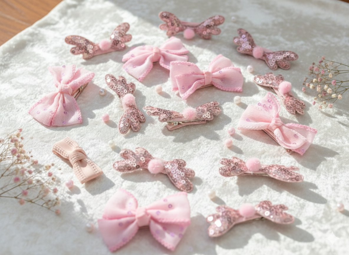 Aesthetic flat lay of My Arha pink sequin butterfly hair clips and soft tulle bows arranged on white crushed velvet with decorative pearls and dried flowers.