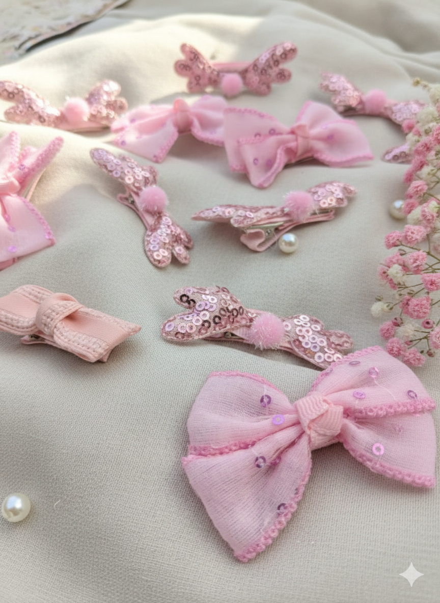 Professional close-up of My Arha pink sequin hair accessories and fabric bows scattered on draped beige linen with soft sunlight and pearls.