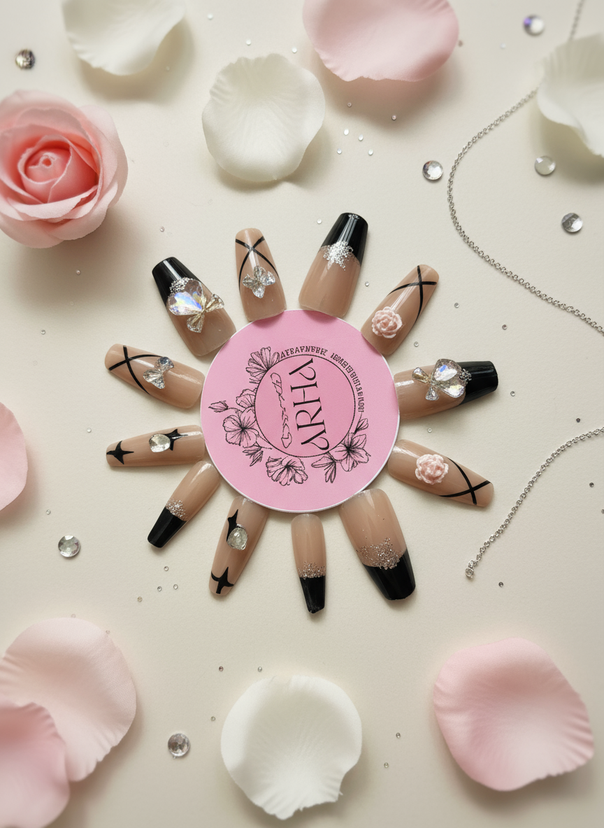 Black French Tip Press-On Nails | Elegant X-Stripe & Charm Art