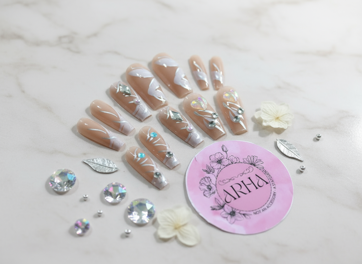 Nude Glitter Rhinestone & 3D Floral Press-On Nails | Luxury Reusable Set