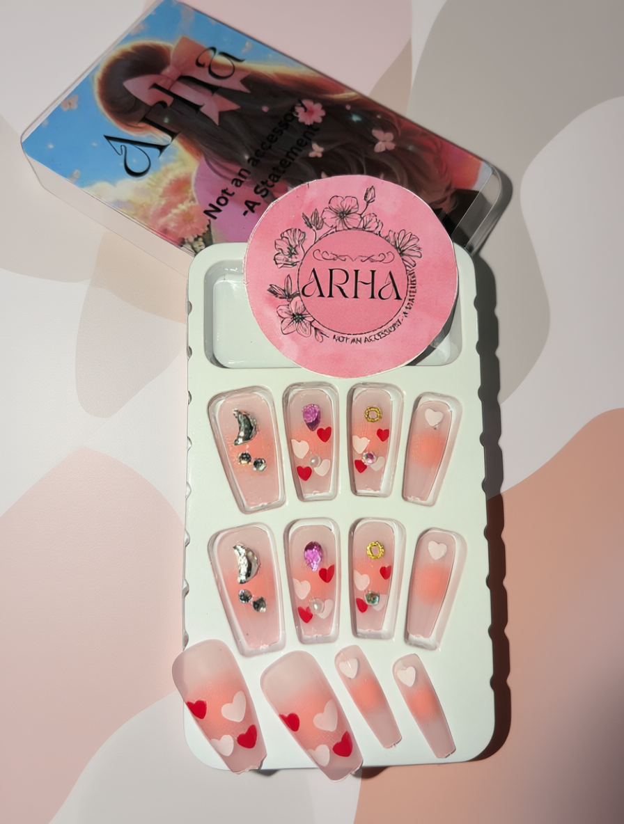 Romantic Heart Press-On Nails | Pink Base with Rhinestones & Charms | Reusable Nail Set