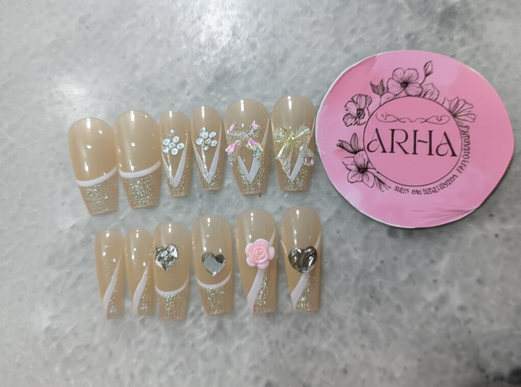 Elegant Nude & Silver Glitter French Tip Press-On Nails - 3D Hearts, Bows & Flowers