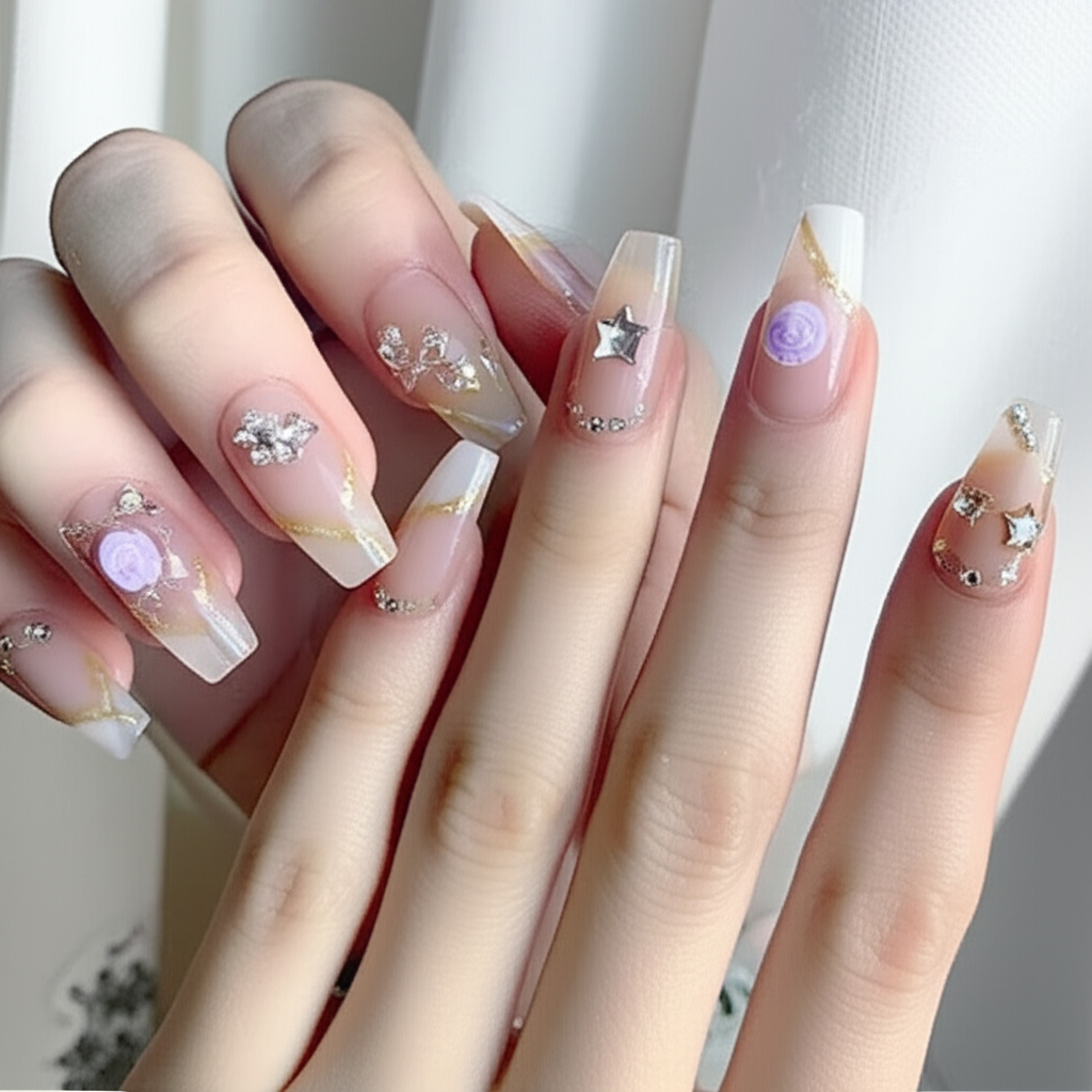 Peach Pink Press-On Nails with Charms & Rhinestones | Cute Reusable Nail Set