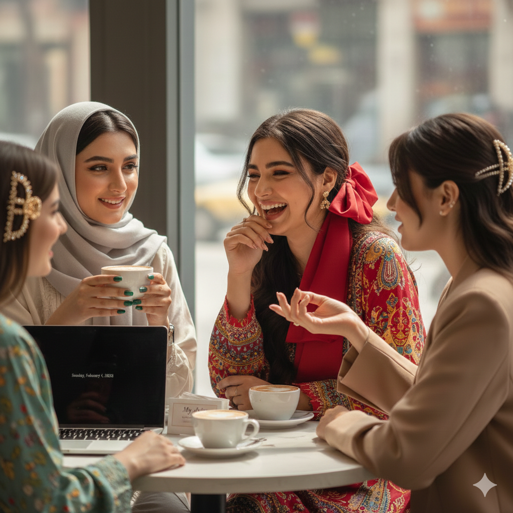 "Diverse Pakistani friends wearing My Arha aesthetic hair accessories and luxury press-on nails in a high-end cafe setting."