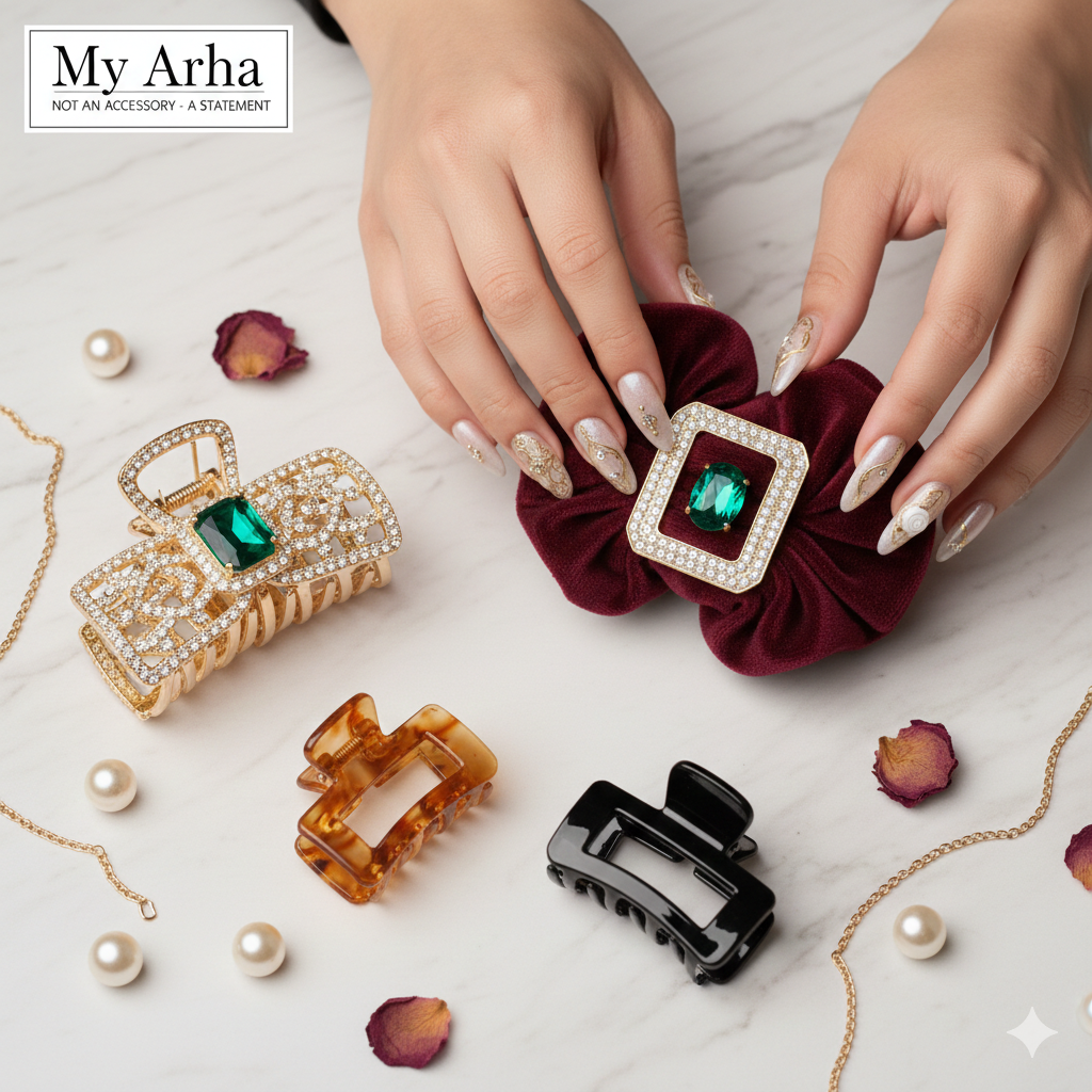 Luxury gold rhinestone hair claw clip and aesthetic matte catchers displayed with premium press-on nails – My Arha Hair Accessories.