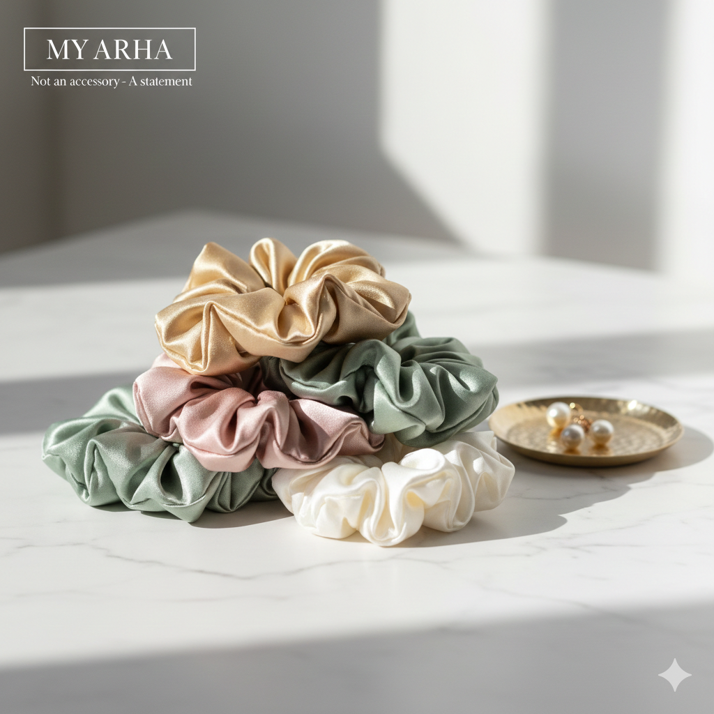 Soft satin and silk hair scrunchies in aesthetic pastel colors to prevent hair breakage — My Arha Hair Accessories.