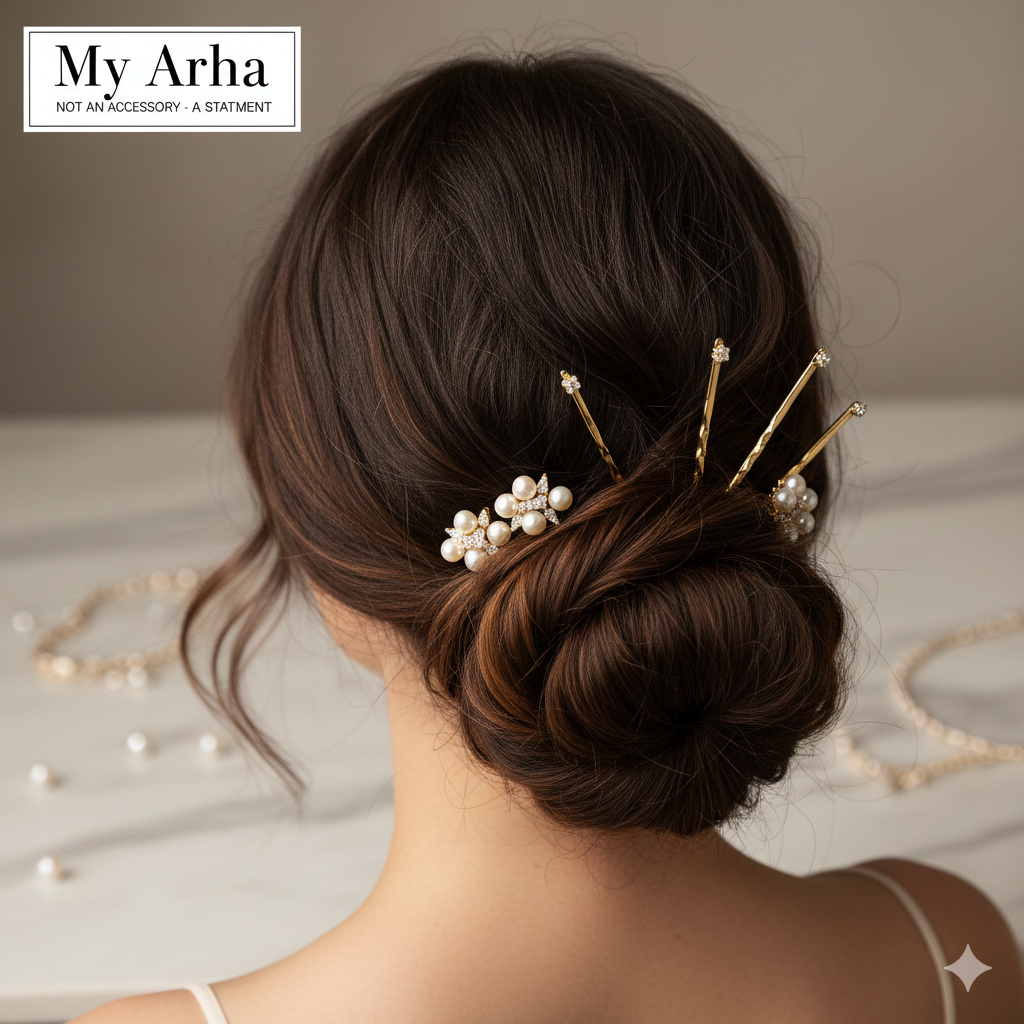 Elegant gold and pearl luxury hair pins styled in a chic brunette bun updo — The Hair Vibe Collection by My Arha.