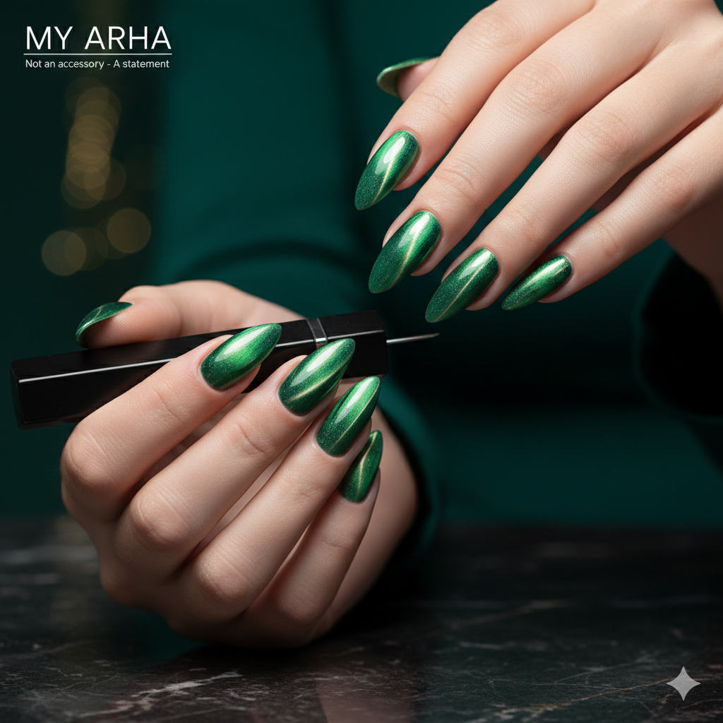 Luxury emerald green cat-eye press-on nails with a velvet magnetic shimmer effect and almond shape — My Arha Statement Nail Collection.