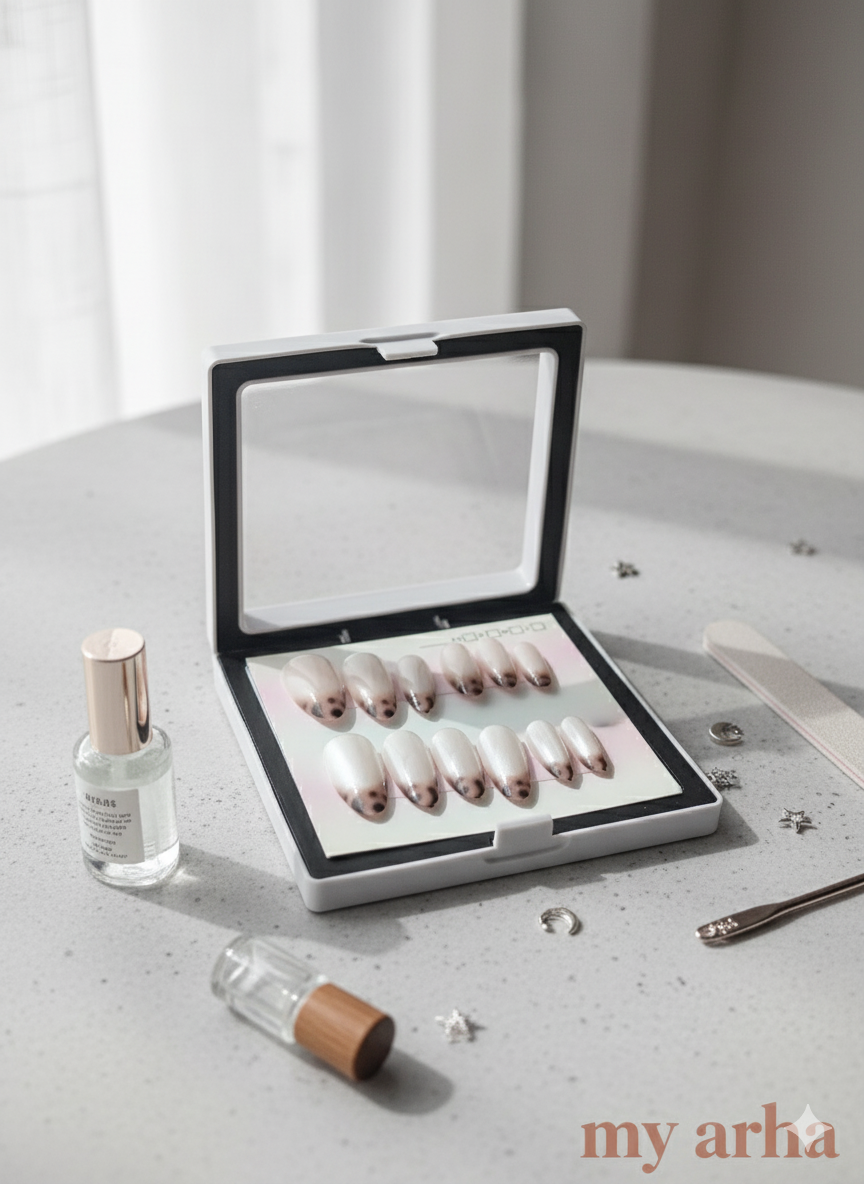 Boba" Cat-Eye Press-On Nails | Aesthetic Spotted Tip Design