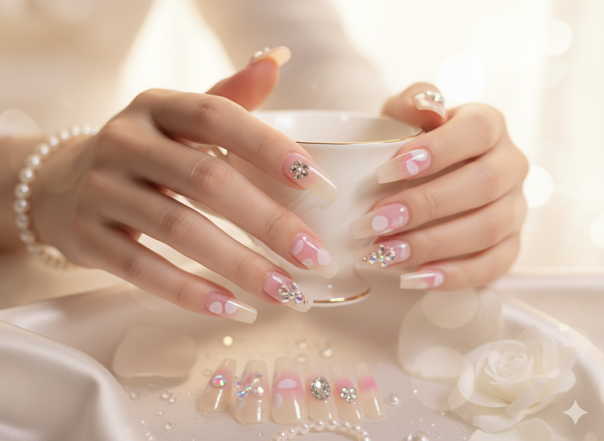 Dazzling Pink & White Rhinestone Nails | Beautiful & Aesthetic Press-Ons