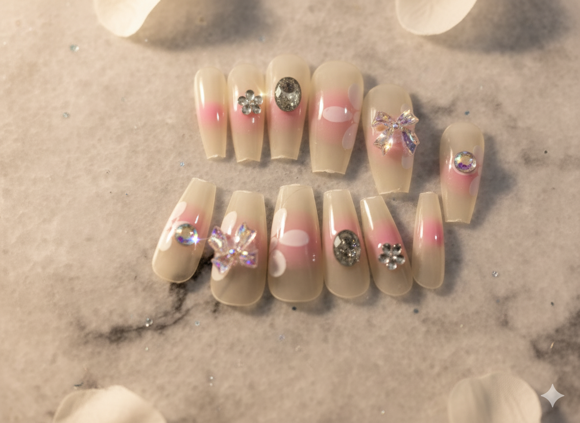 Dazzling Pink & White Rhinestone Nails | Beautiful & Aesthetic Press-Ons