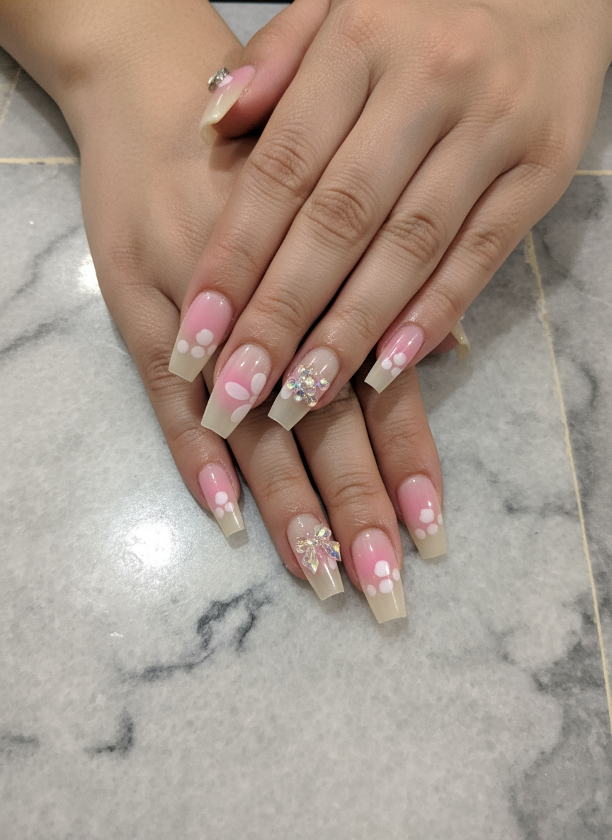 Dazzling Pink & White Rhinestone Nails | Beautiful & Aesthetic Press-Ons