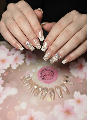 Elegant Nude & White Swirl Press-On Nails with 3D Lavender Flowers, Bows & Bling