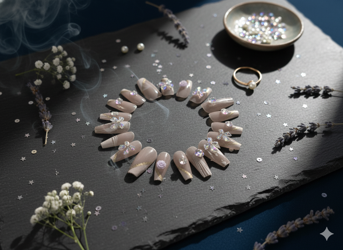 Elegant Nude & White Swirl Press-On Nails with 3D Lavender Flowers, Bows & Bling