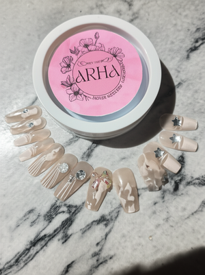 Elegant Nude & White Swirl Press-On Nails with 3D Lavender Flowers, Bows & Bling