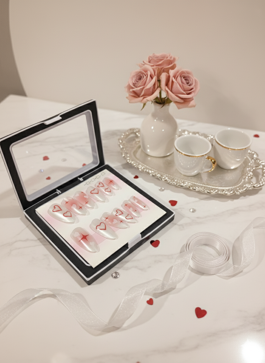 Love Heart & Star Cat-Eye Press-On Nails | Elegant Reusable Manicure